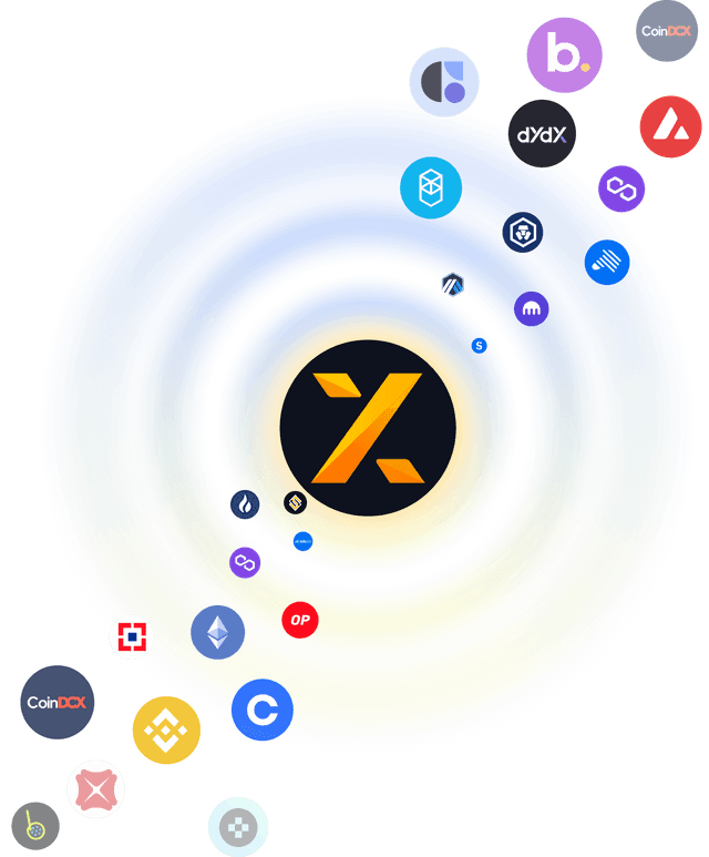 Graphic illustrating financial ecosystem integration, with a central KoinX logo surrounded by a vibrant array of diverse cryptocurrency and financial platform logos.