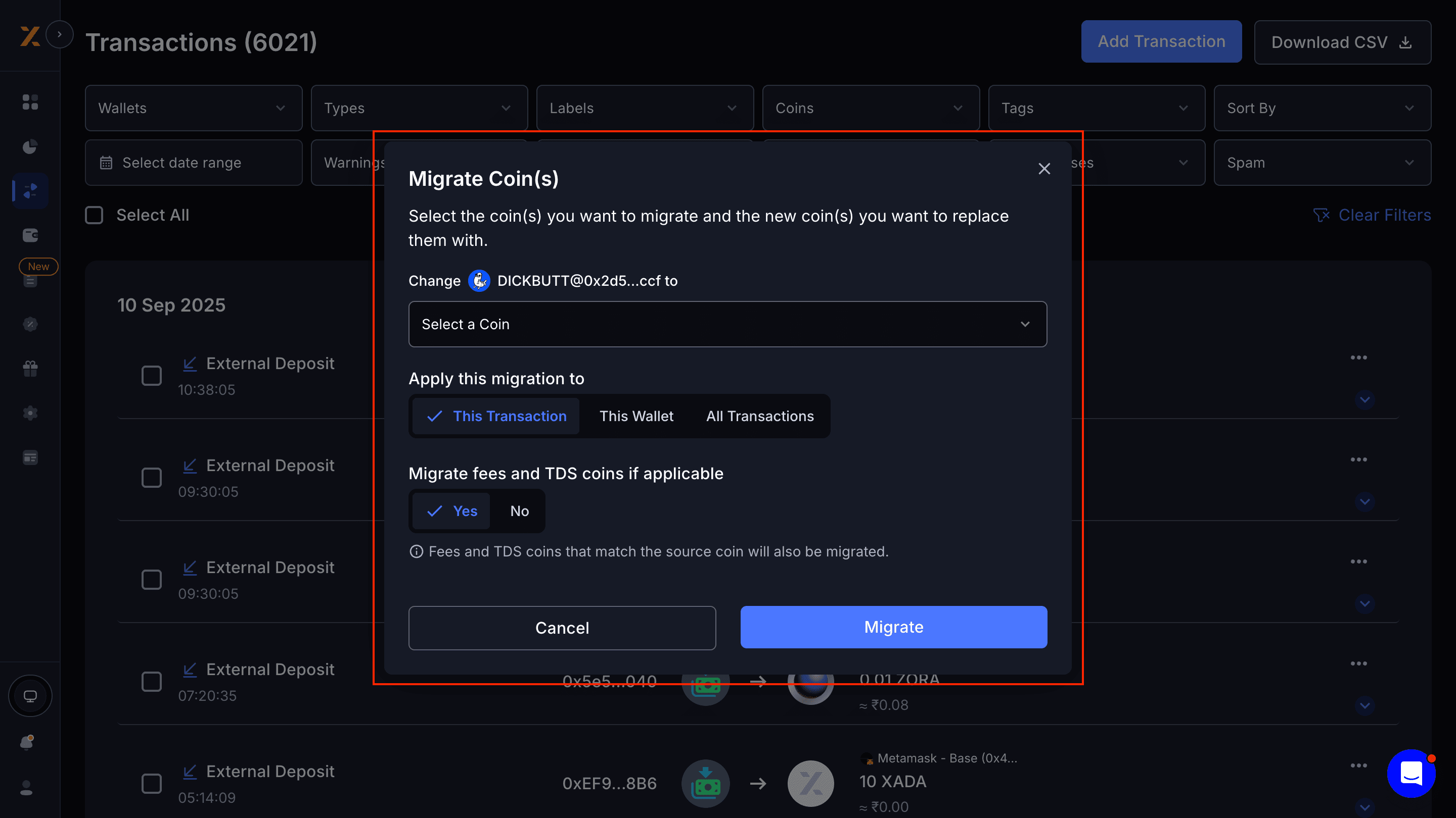Coin Migration Feature Screenshot