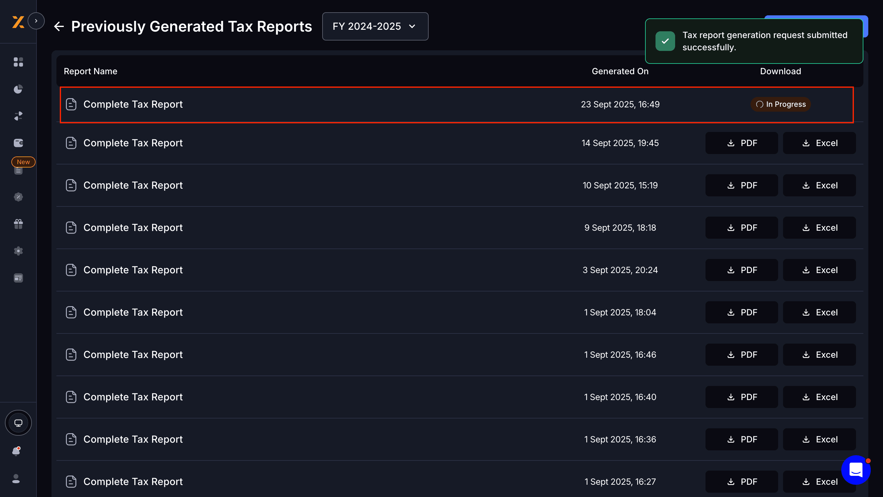 Tax Report Generation Feedback Screenshot