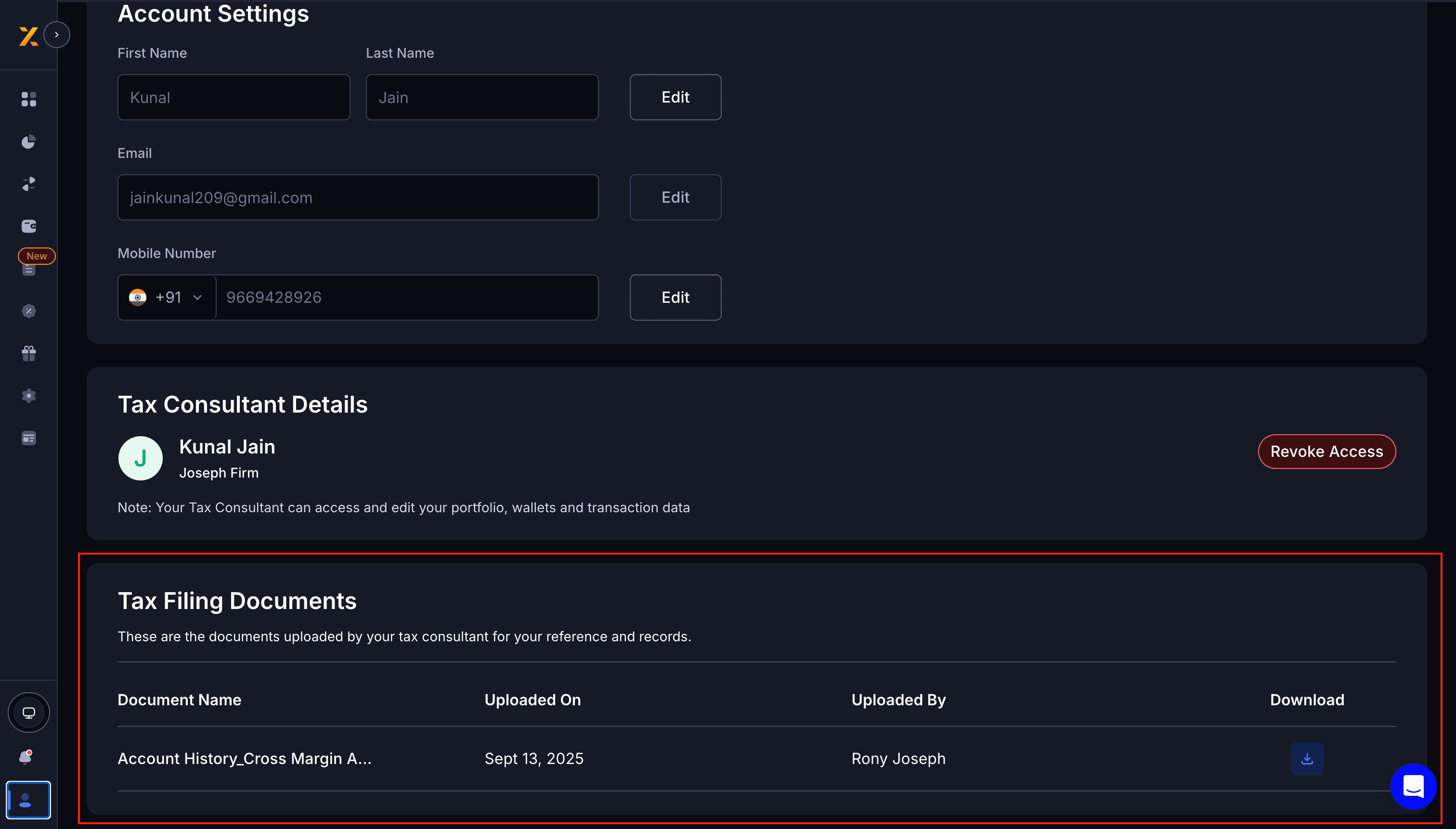 Visibility of User Filing Documents Screenshot